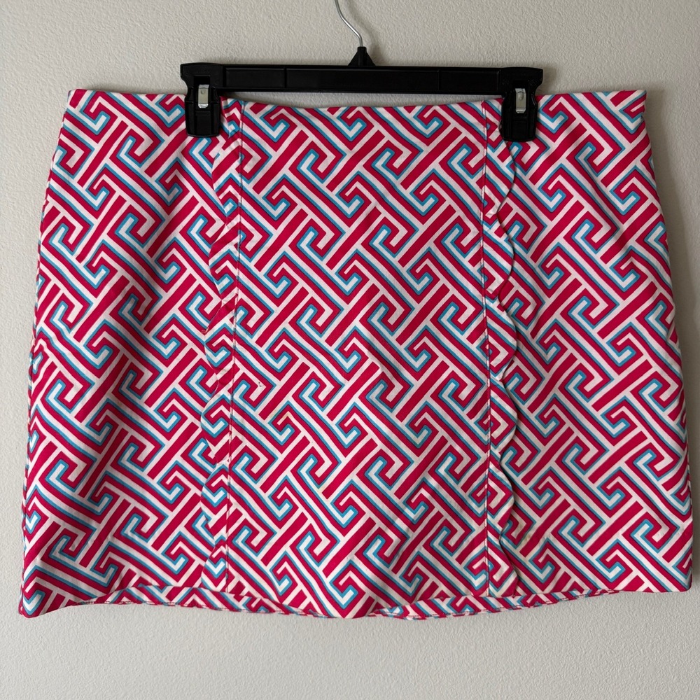 Crown & Ivy Pink Blue Geometric Greek Key Scalloped Skort Womens‎ 16 Mini Skirt